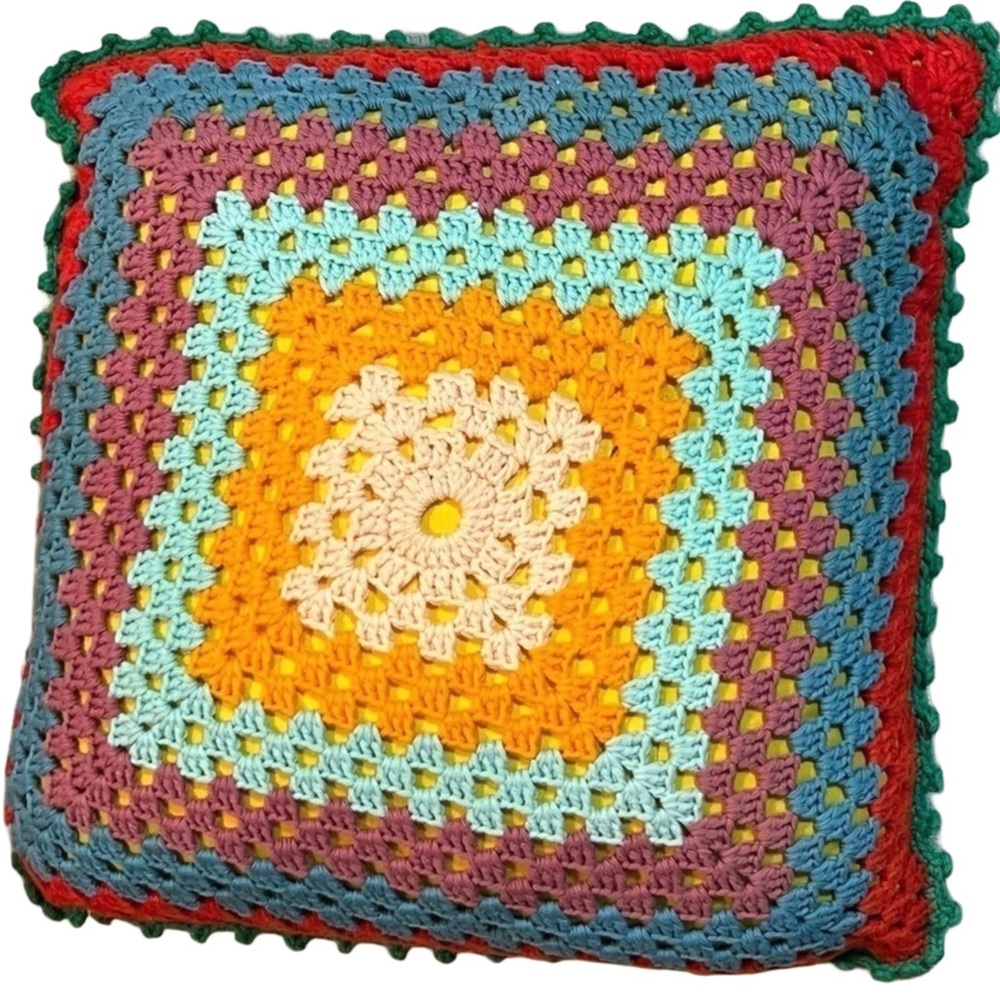 Vintage Crochet Granny Square Pillow Multicolor Handmade Boho Retro Decor